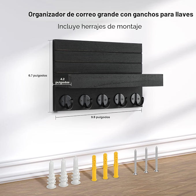 Organizador de pared de madera para llaves y correo