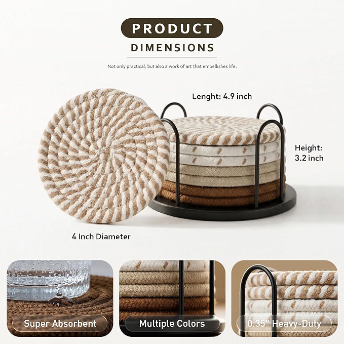 Posavasos tejidos absorbentes con soporte – Set de 8