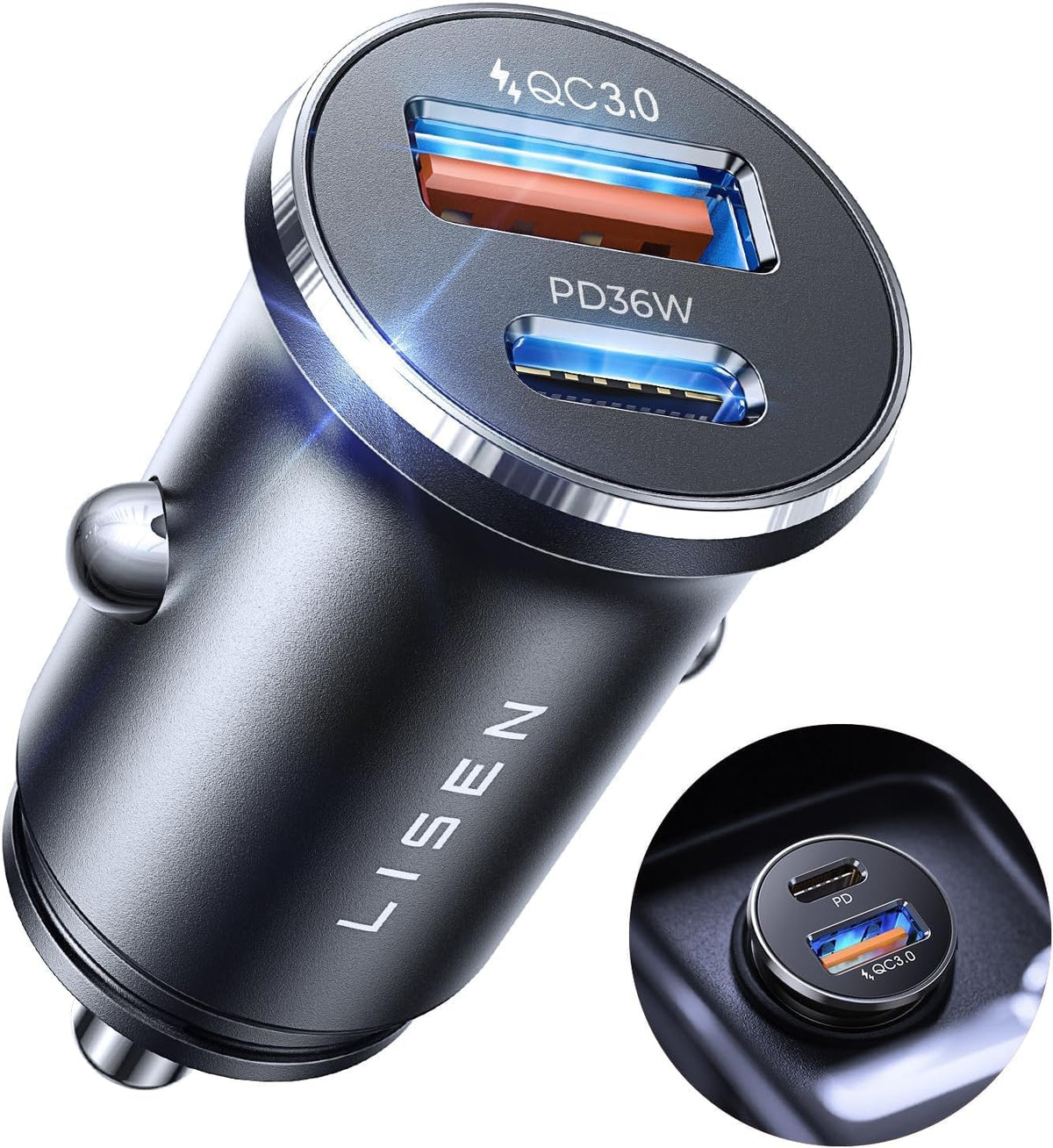 Cargador de coche USB-C y USB-A de metal, 69W