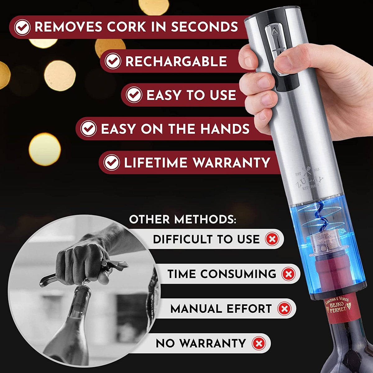 Sacacorchos eléctrico abriendo una botella de vino
