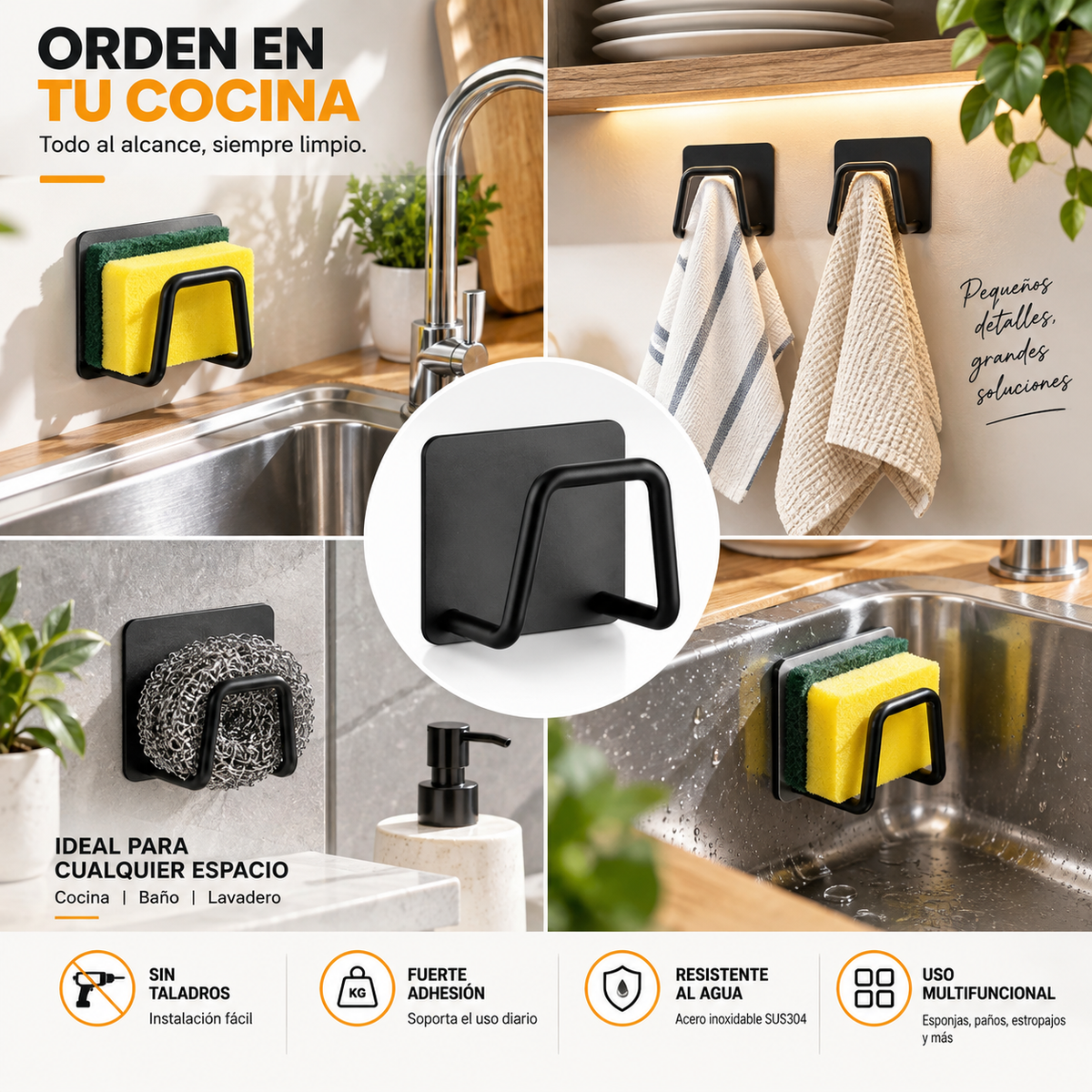 Soportes de esponja de acero inoxidable para bacha – Pack de 2