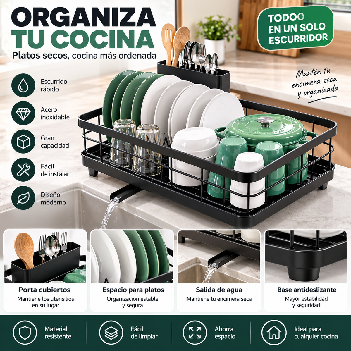 Escurridor de platos compacto para mesada